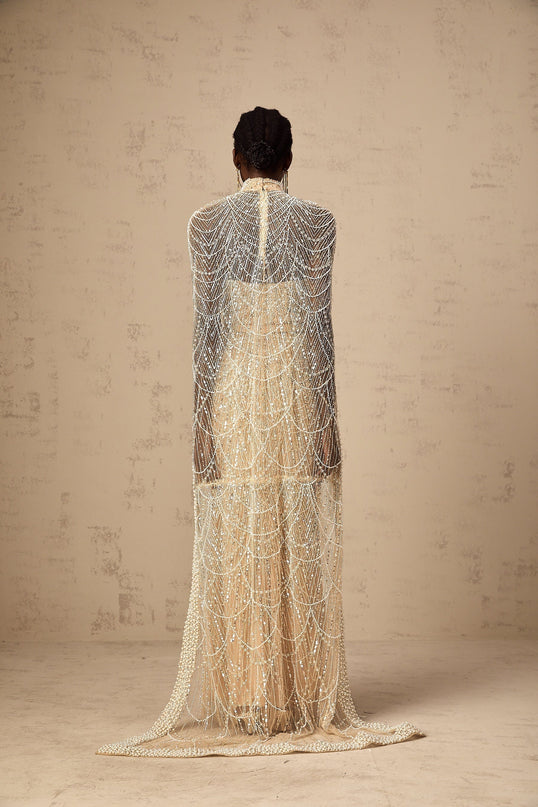 Mariolina Champagne Tulle Cape Gown with Bead and Sequin Embellishments