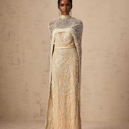 Mariolina Champagne Cape Gown Ensemble with Bead and Sequin Embellishments