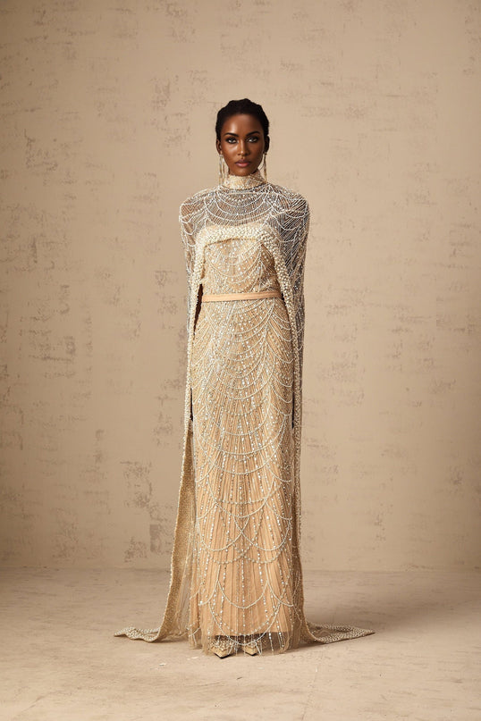 Mariolina Champagne Cape Gown Ensemble with Bead and Sequin Embellishments