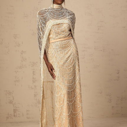 Mariolina Champagne Cape and Gown in Luxurious Tulle with Bead and Sequin Embellishments