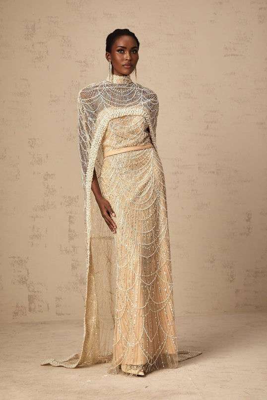 Mariolina Champagne Cape and Gown in Luxurious Tulle with Bead and Sequin Embellishments