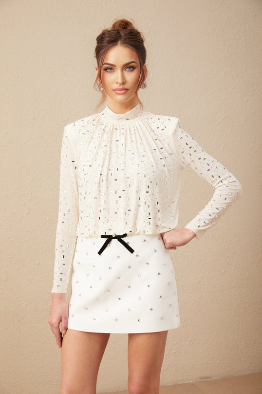 Mariolina Champagne Crystal Embellished Pleated Blouse