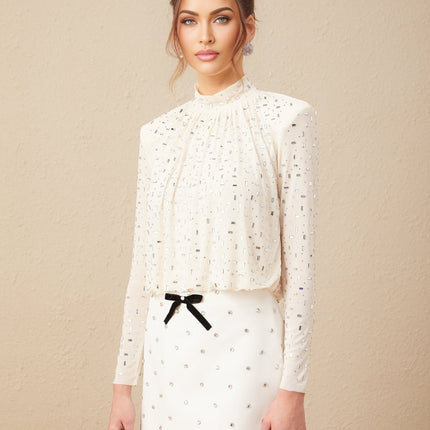 Mariolina Champagne Crystal Embellished Pleated Blouse