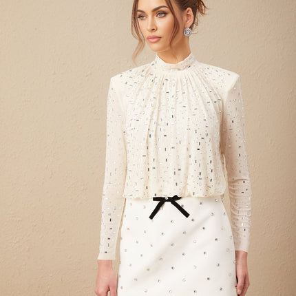 Mariolina Champagne Crystal Embellished Pleated Blouse