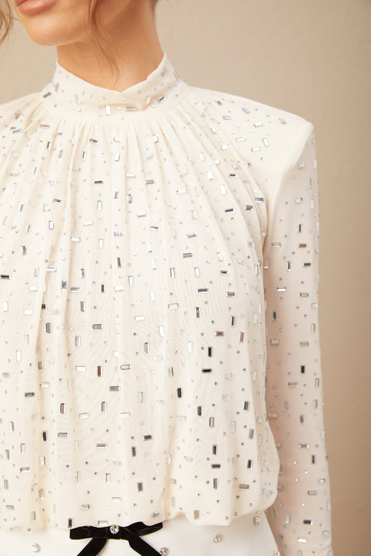 Mariolina Champagne Crystal Embellished Pleated Blouse