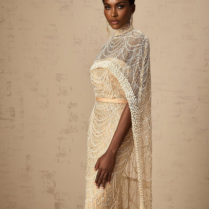 Mariolina Champagne Tulle Cape & Gown with Bead and Sequin Embellishments
