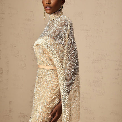 Mariolina Champagne Tulle Cape and Gown with Bead and Sequin Embellishments