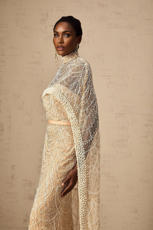 Mariolina Champagne Tulle Cape and Gown with Bead and Sequin Embellishments