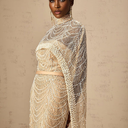 Mariolina Champagne Tulle Cape and Gown with Bead and Sequin Embellishments