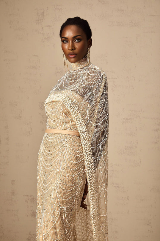 Mariolina Champagne Tulle Cape and Gown with Bead and Sequin Embellishments