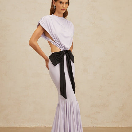 Mariolina Purple and Black Maxi Dress with Cut-Out Design Cap Sleeves Open Back and Bowknot Detail in Terylene Fiber Mermaid Hem and Rear Button Fastening