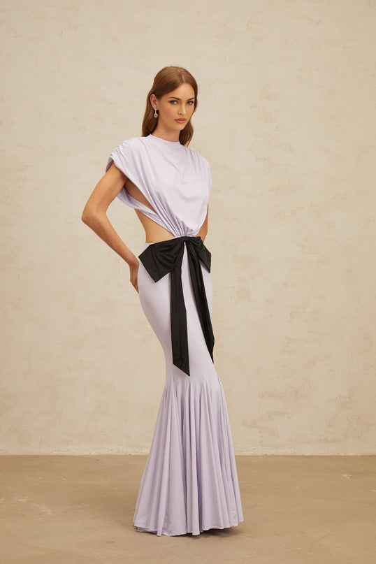 Mariolina Purple and Black Maxi Dress with Cut-Out Design Cap Sleeves Open Back and Bowknot Detail in Terylene Fiber Mermaid Hem and Rear Button Fastening