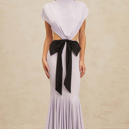 Mariolina Purple Black Maxi Dress Cap Sleeves Open Back Bowknot Detail Pleated Mermaid Hem Button Fastening