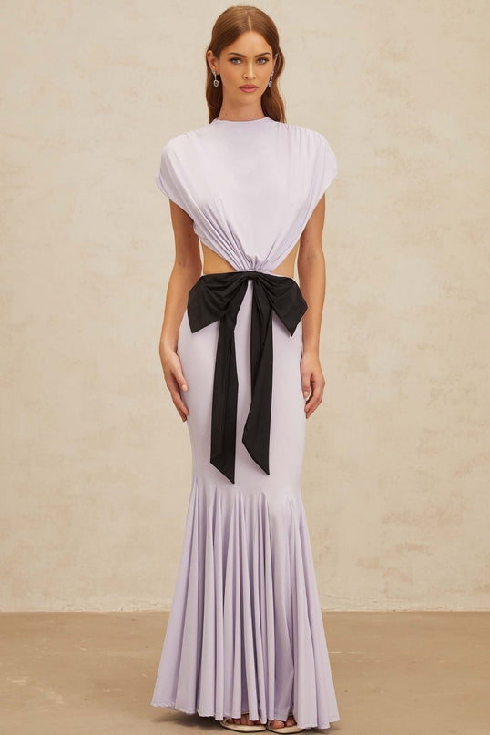 Mariolina Purple Black Maxi Dress Cap Sleeves Open Back Bowknot Detail Pleated Mermaid Hem Button Fastening