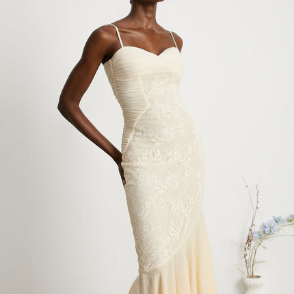 Mariolina Neutrals Sleeveless Midi Dress with Lace Detailing