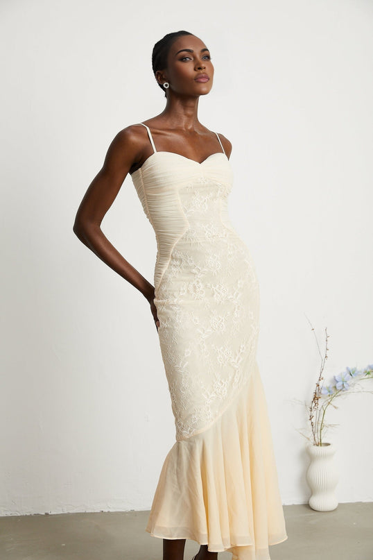Mariolina Neutrals Sleeveless Midi Dress with Lace Detailing