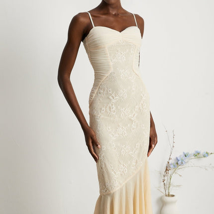 Mariolina Neutrals Sleeveless Midi Dress with Pleated and Lace Detailing