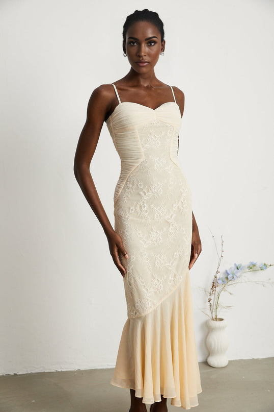 Mariolina Neutrals Sleeveless Midi Dress with Pleated and Lace Detailing