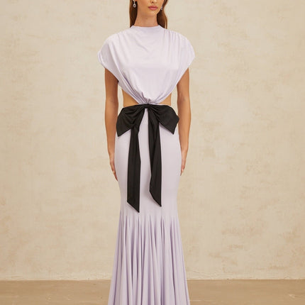 Mariolina Purple and Black Maxi Dress with Cut-out Design Cap Sleeves and Bowknot Detail