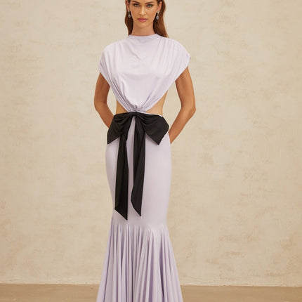 Mariolina Purple and Black Maxi Dress with Cap sleeves, open back, and bowknot detail