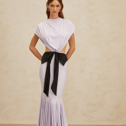Mariolina Purple Black Maxi Dress Cap Sleeve Open Back Bowknot Detail Pleated Mermaid Hem Button Fastening