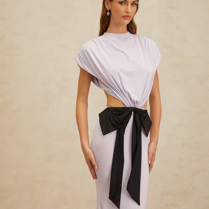 Mariolina Purple Black Maxi Dress with Cut-Out Design Cap Sleeves Open Back Oversized Bowknot Detail Pleated Mermaid Hem Rear Button Fastening