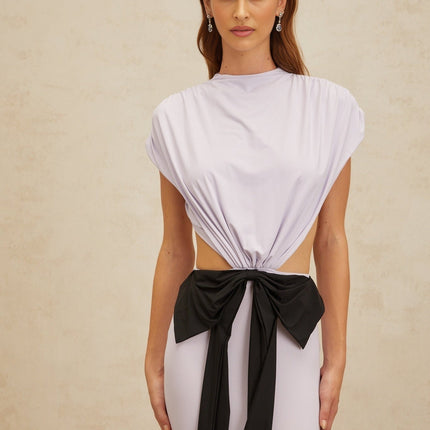 Mariolina Purple and Black Maxi Dress with Cut-Out Design Cap Sleeves and Bowknot Detail