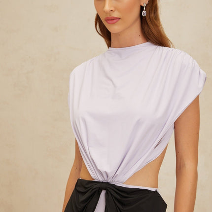 Mariolina Purple and Black Maxi Dress with Cut-Out Design Cap Sleeves and Open Back
