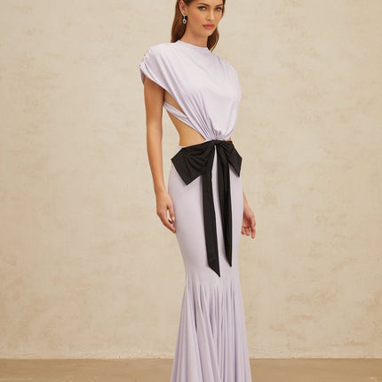 Mariolina Purple Maxi Dress with Cap Sleeves and Open Back