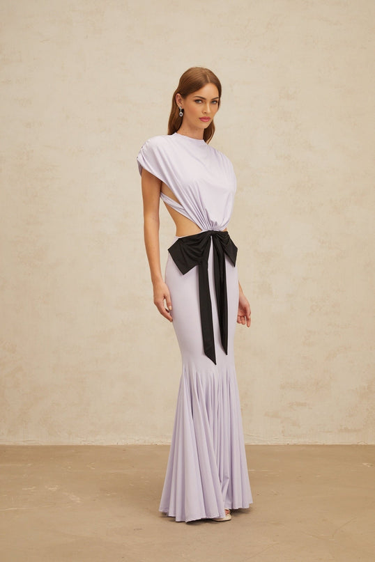 Mariolina Purple Maxi Dress with Cap Sleeves and Open Back