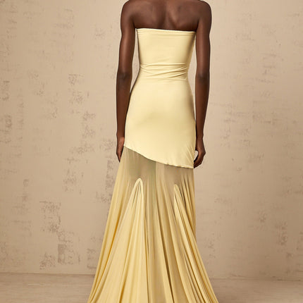 Marisa Yellow Maxi Dress Pleated Tulle Off-Shoulder Semi-Sheer Elegant Formal Gown
