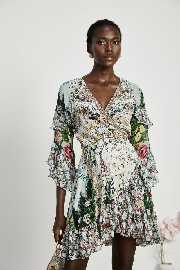 Mariuccia Green Renaissance Romance Mini Dress Crystal Embellished Ruffled V-Neck Open Back Asymmetric Hem Three-Quarter Sleeves