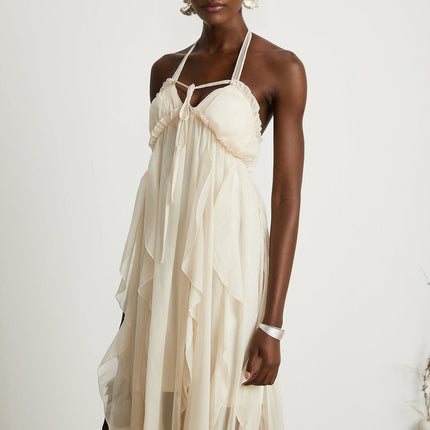 Mariuccia Halter Neck A-line Midi Dress in Neutrals
