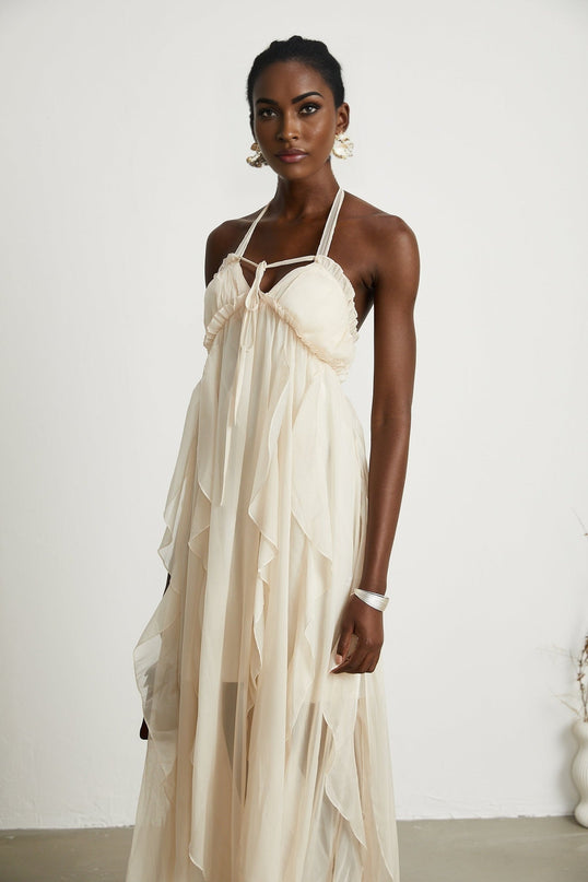 Mariuccia Halter Neck A-line Midi Dress in Neutrals