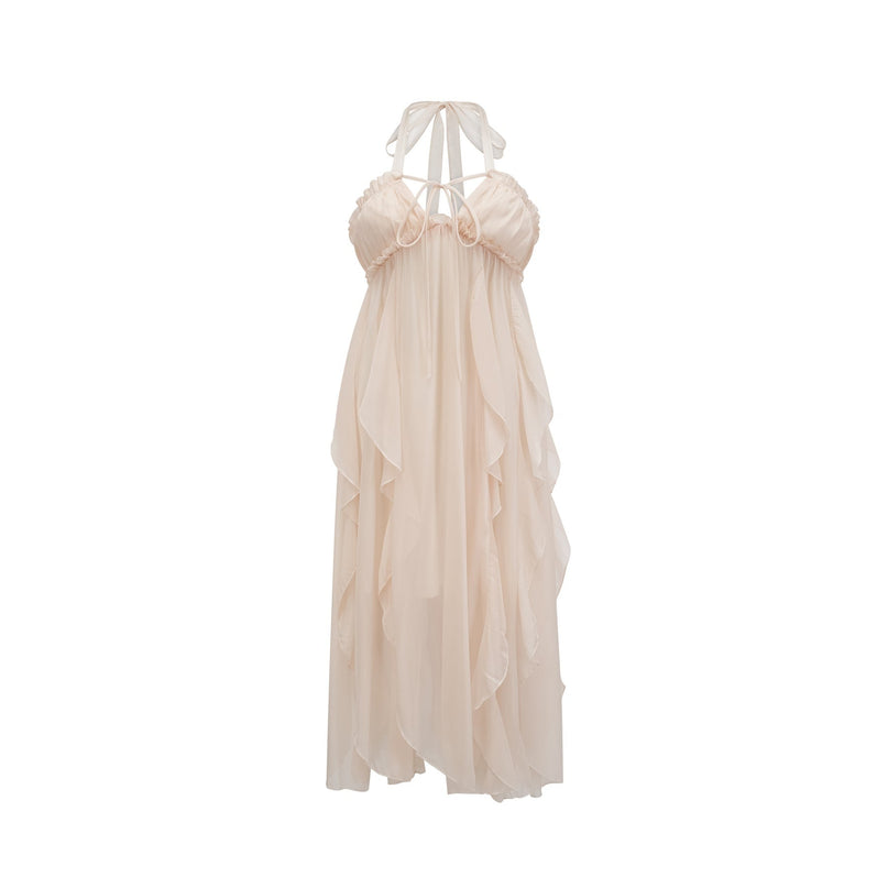 Mariuccia Halter Neck A-line Midi Dress in Neutrals