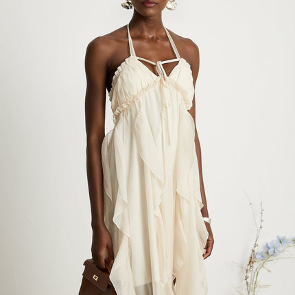 Mariuccia Halter Neck A-line Midi Dress in Neutrals