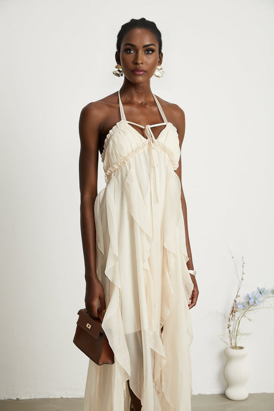 Mariuccia Halter Neck A-line Midi Dress in Neutrals