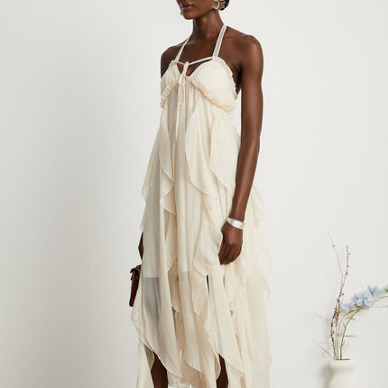 Mariuccia Halter Neck A-line Midi Dress in Neutrals
