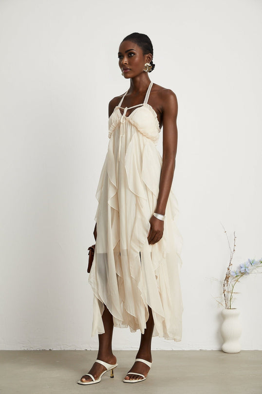 Mariuccia Halter Neck A-line Midi Dress in Neutrals