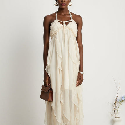 Mariuccia Halter Neck A-line Midi Dress in Neutrals