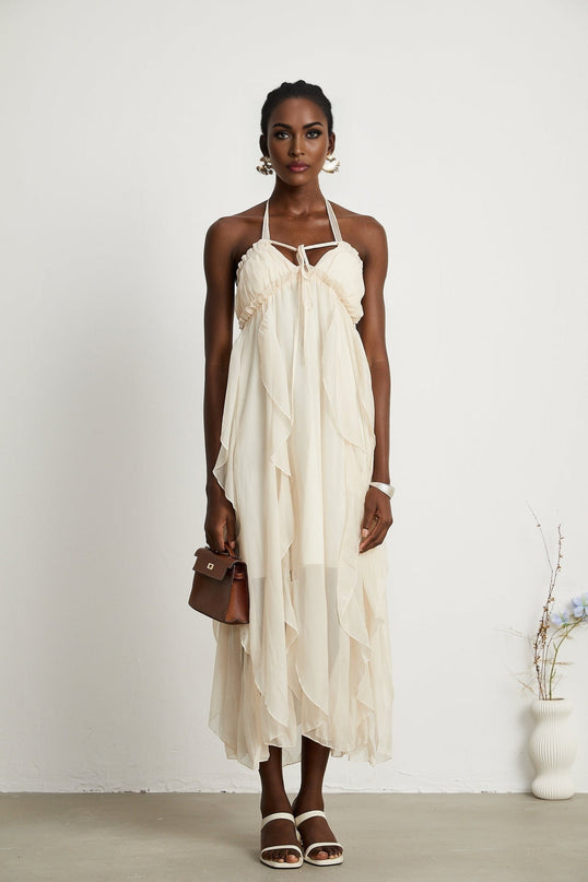 Mariuccia Halter Neck A-line Midi Dress in Neutrals