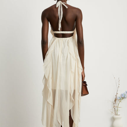 Mariuccia Neutrals Halter Neck A-line Midi Dress 67% Polyester 33% Cotton