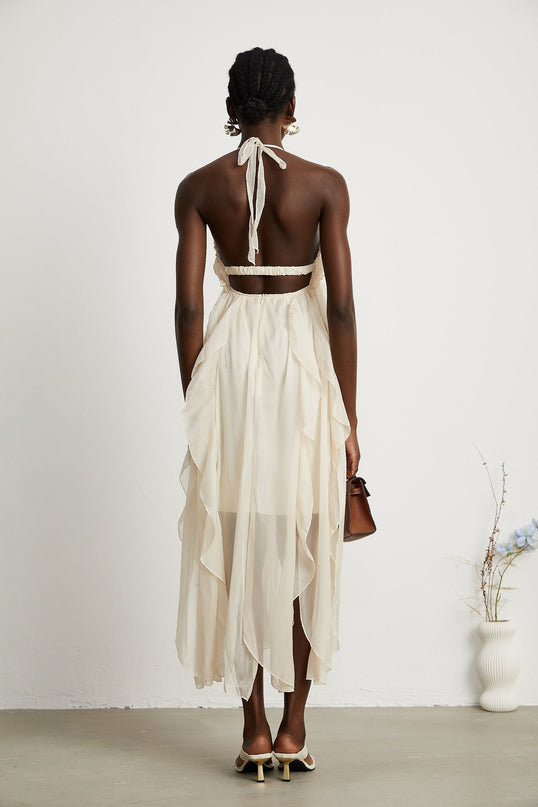 Mariuccia Neutrals Halter Neck A-line Midi Dress 67% Polyester 33% Cotton