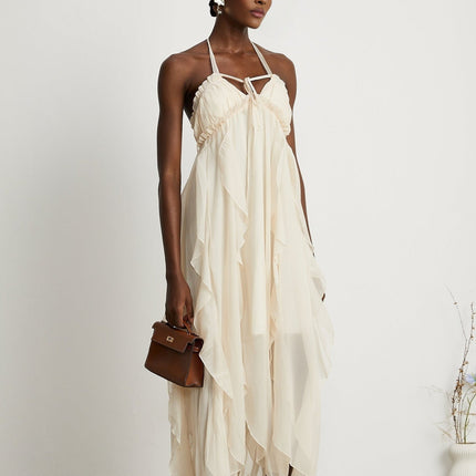 Mariuccia Neutrals Halter Neck A-line Midi Dress 67% Polyester 33% Cotton