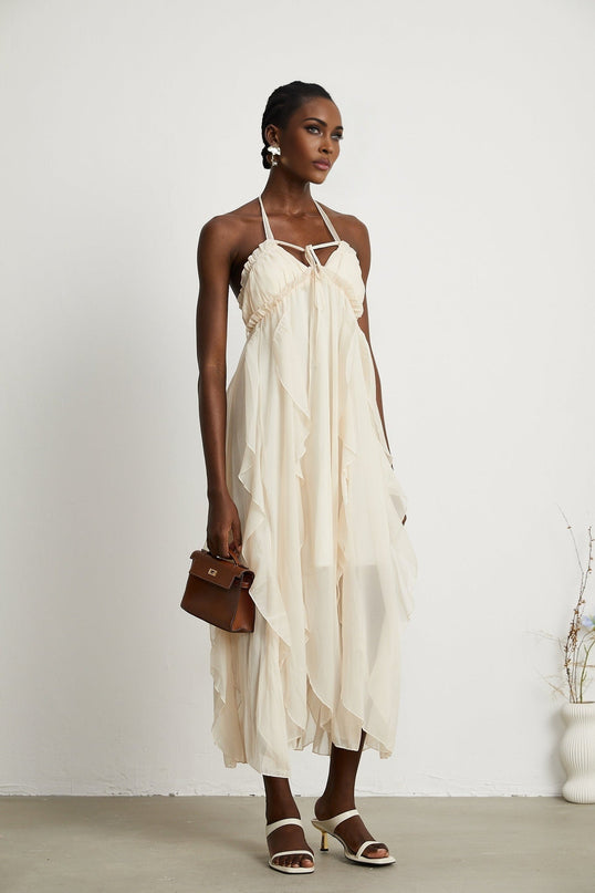Mariuccia Neutrals Halter Neck A-line Midi Dress 67% Polyester 33% Cotton