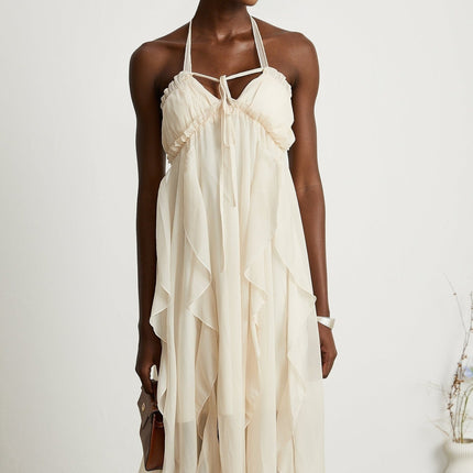 Mariuccia Neutrals Halter Neck A-line Midi Dress Polyester Cotton