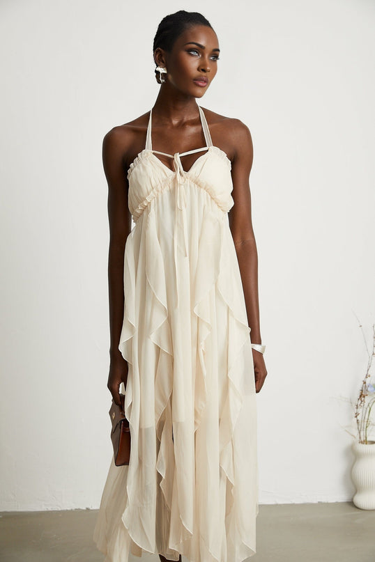 Mariuccia Neutrals Halter Neck A-line Midi Dress Polyester Cotton