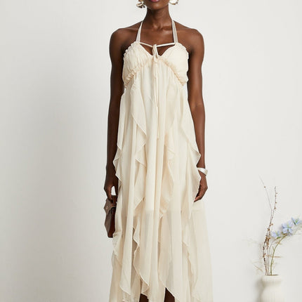 Mariuccia Neutrals Halter Neck A-line Midi Dress 67 Polyester 33 Cotton