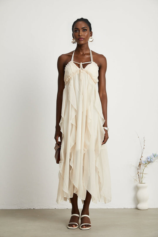 Mariuccia Neutrals Halter Neck A-line Midi Dress 67 Polyester 33 Cotton