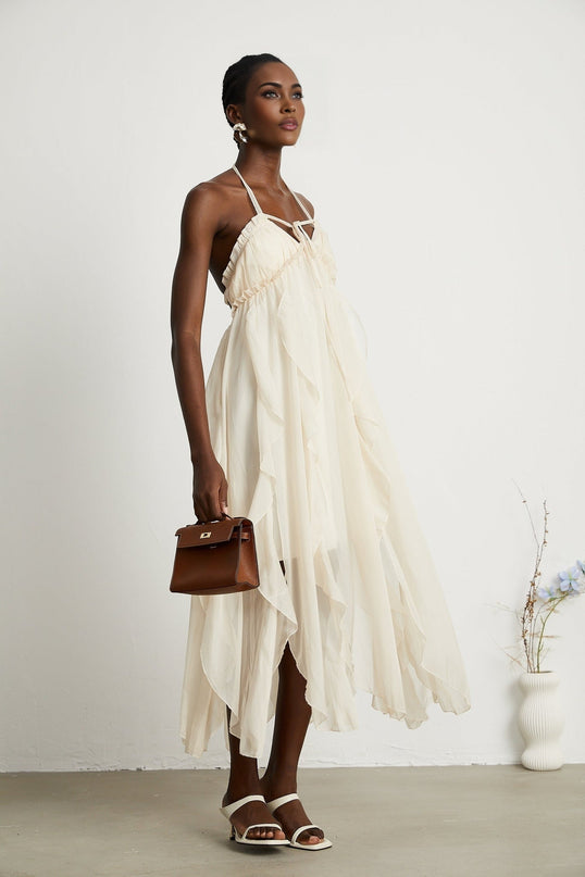 Mariuccia Neutrals Halter Neck A-line Midi Dress 67% Polyester 33% Cotton